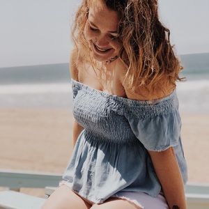 blue off the shoulder blouse